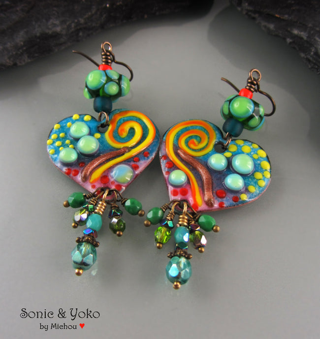 Romantic - Boho Chic - Enameled Copper Art Earrings