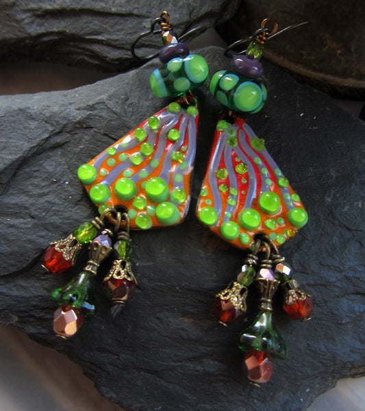 Green Cactus ♥ Handmade - lightweight fire torched Copper Earrings