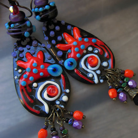 MAYA - Boho Chic - Handmade enameled lightweight torch fired Copper Art Earrings