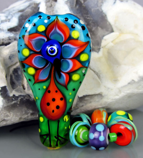 Pop Art Peacock ♥ Handcrafted lampwork bead by Michou P. Anderson
