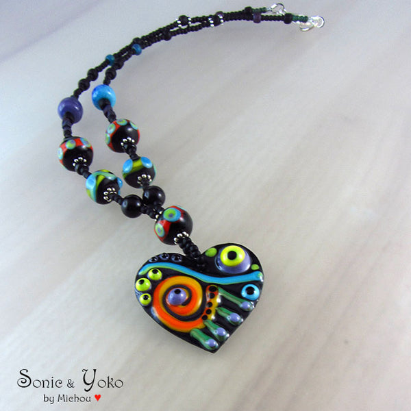 Enameled Copper Heart Necklace including Lampwork Beads